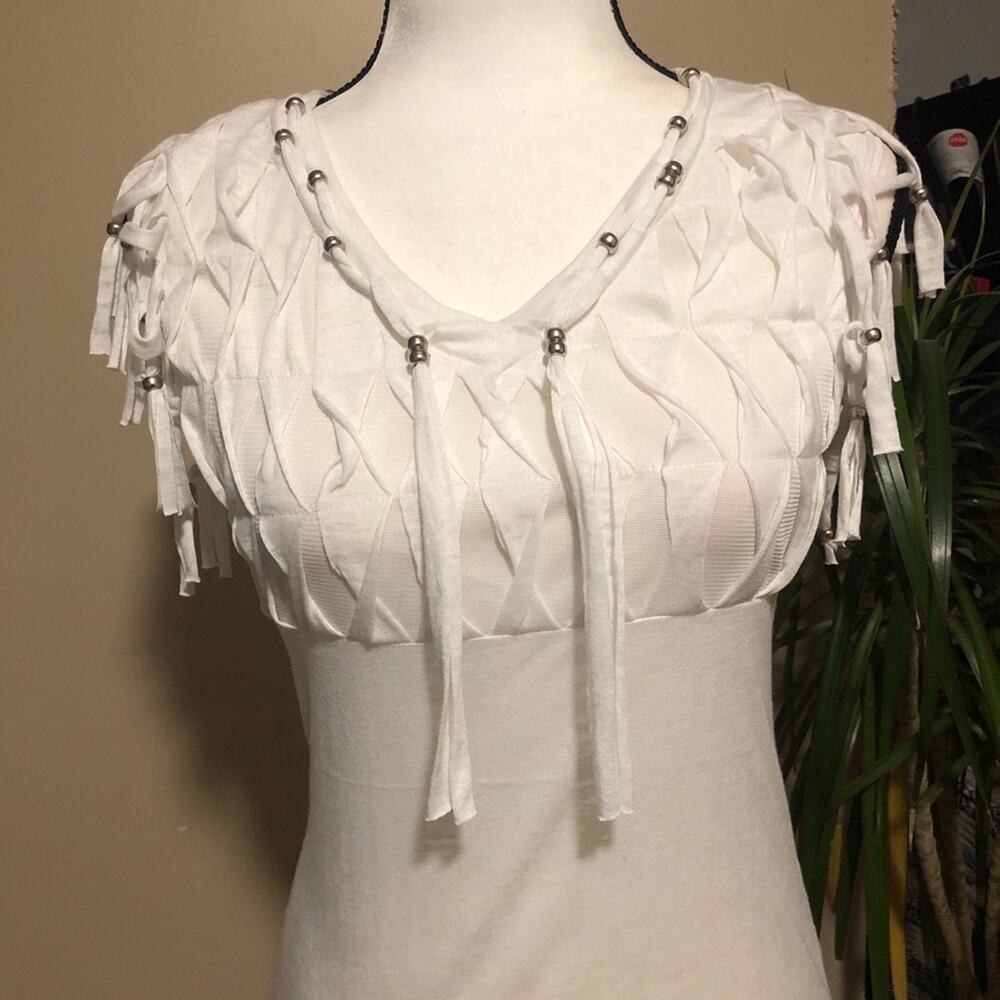 Fringe and Beads Blouse Top Tee Shirt T-Shirt Mür Mür White V-Neck Size S - Picture 3 of 12